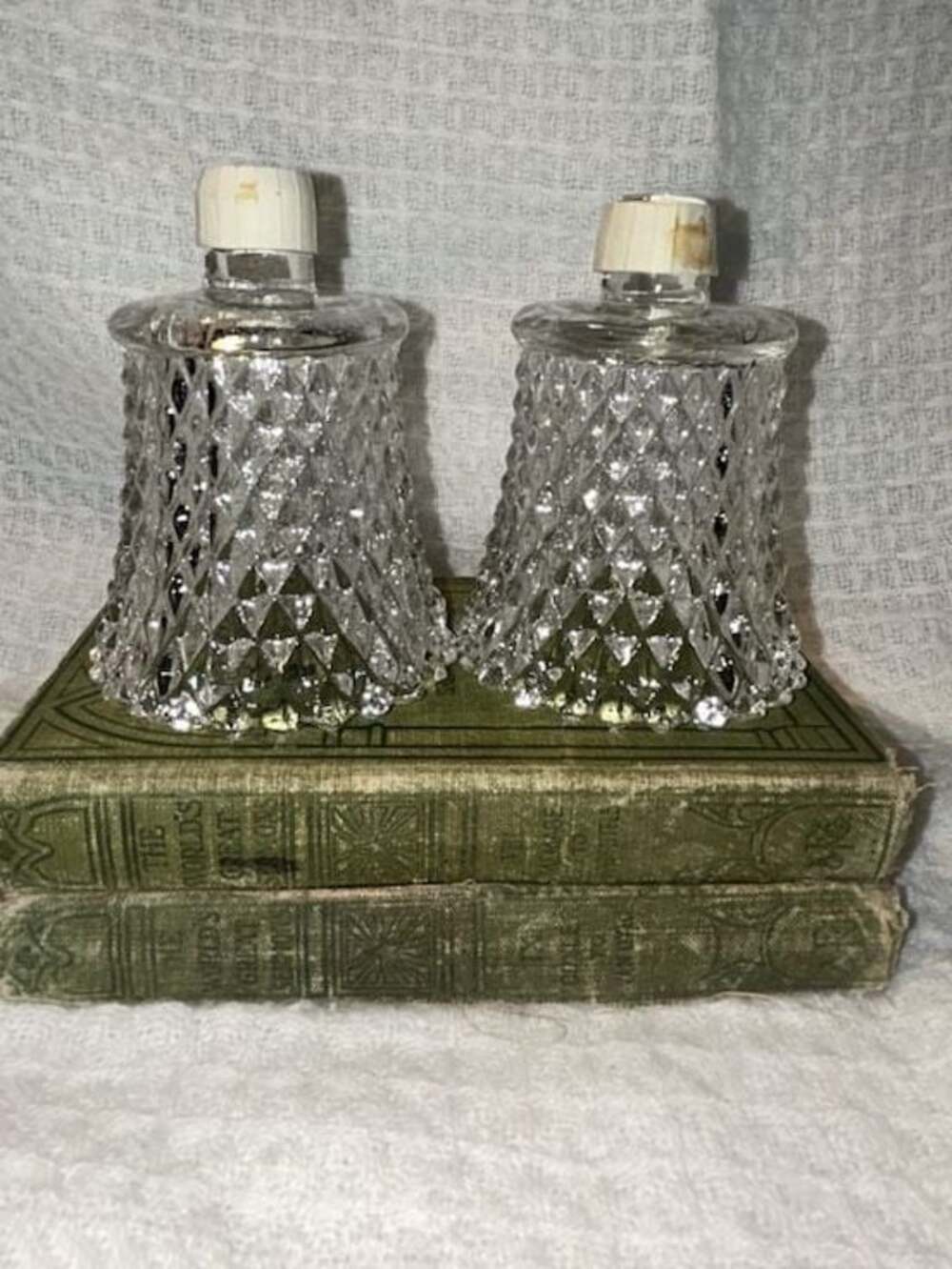 Pair of Vintage Diamond Pattern Crystal Glass Votive Candle Holders